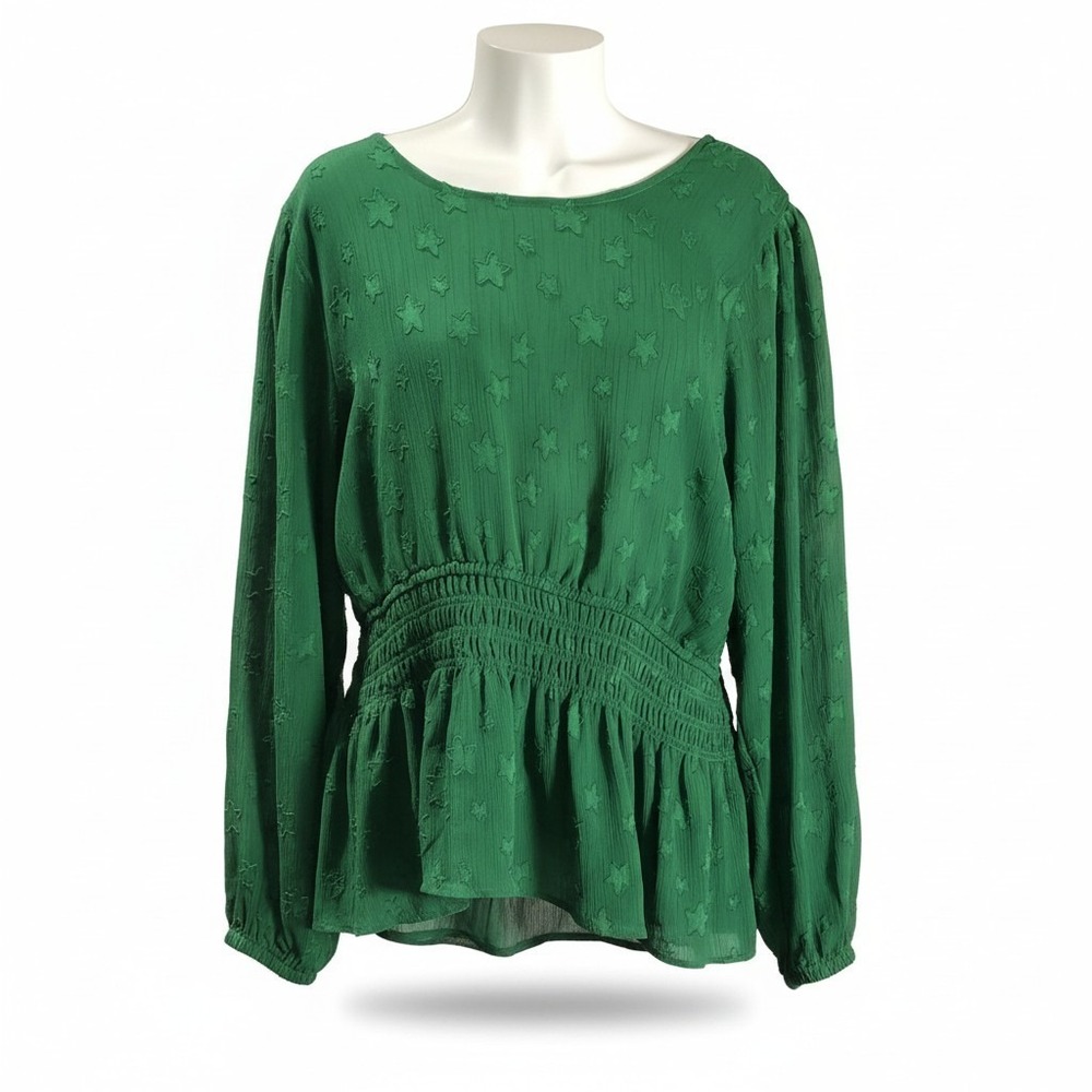 Torrid 4X Green Crinkle Chiffon Star Smocked Waist Puff Sleeve Blouse Top Plus